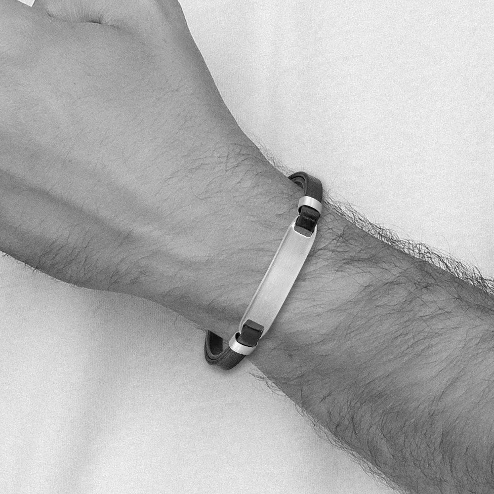 Stainless Steel Black or Brown Leather Adjustable I.D. Bracelet, 8 In