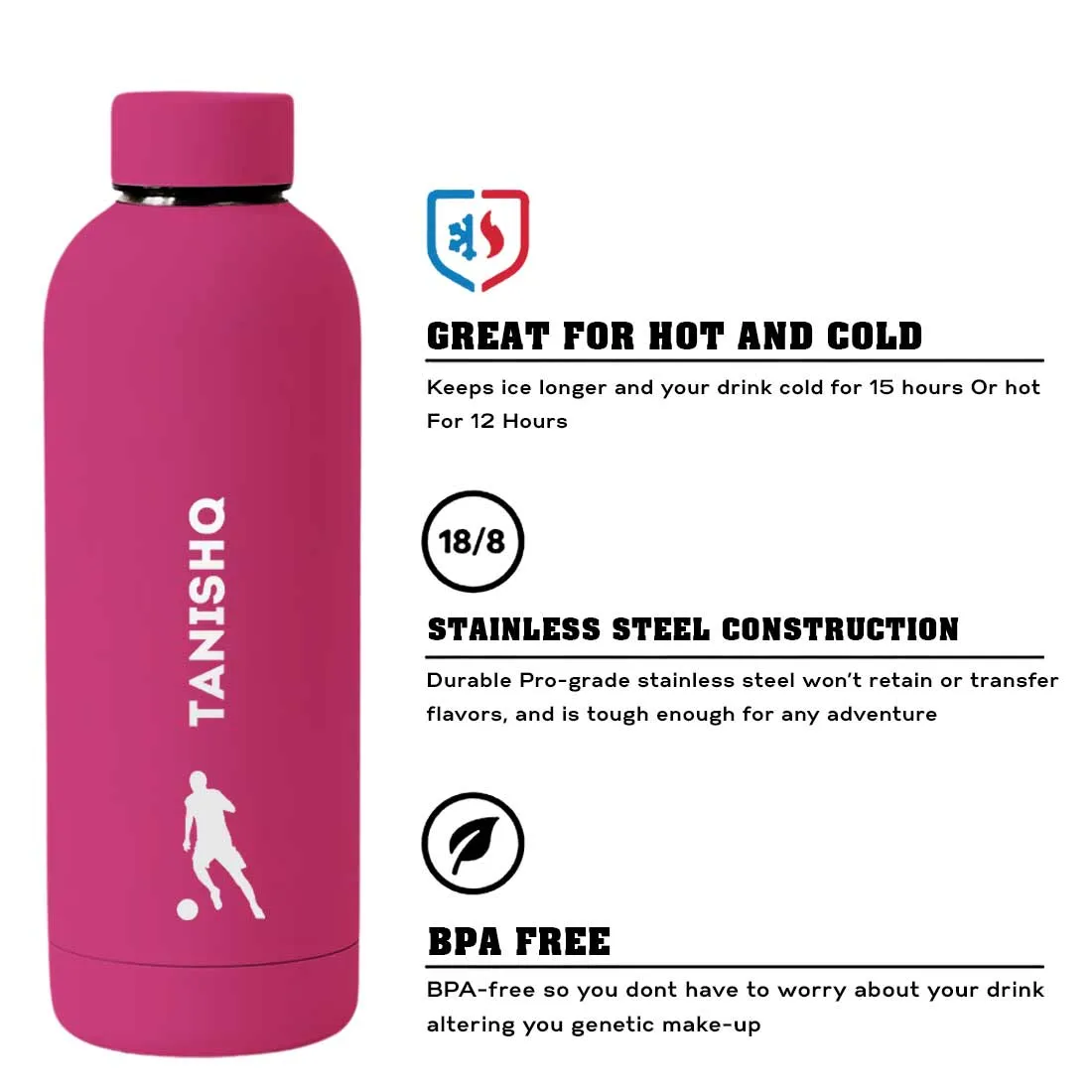 Stainless Steel Insulated Water Bottle with Name 500ML Water Bottles for Sports - BPA Free, Leakproof - Football