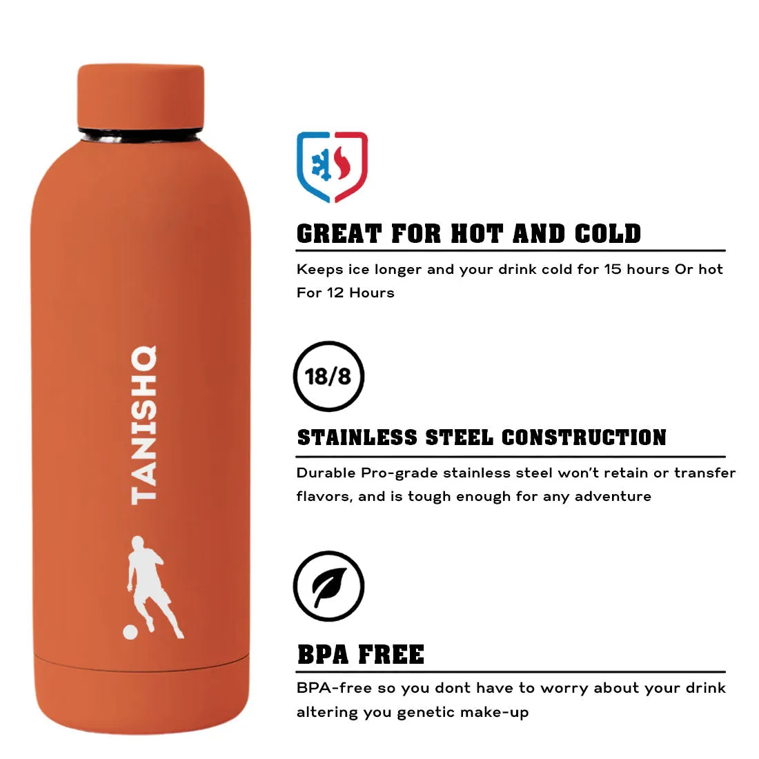 Stainless Steel Insulated Water Bottle with Name 500ML Water Bottles for Sports - BPA Free, Leakproof - Football