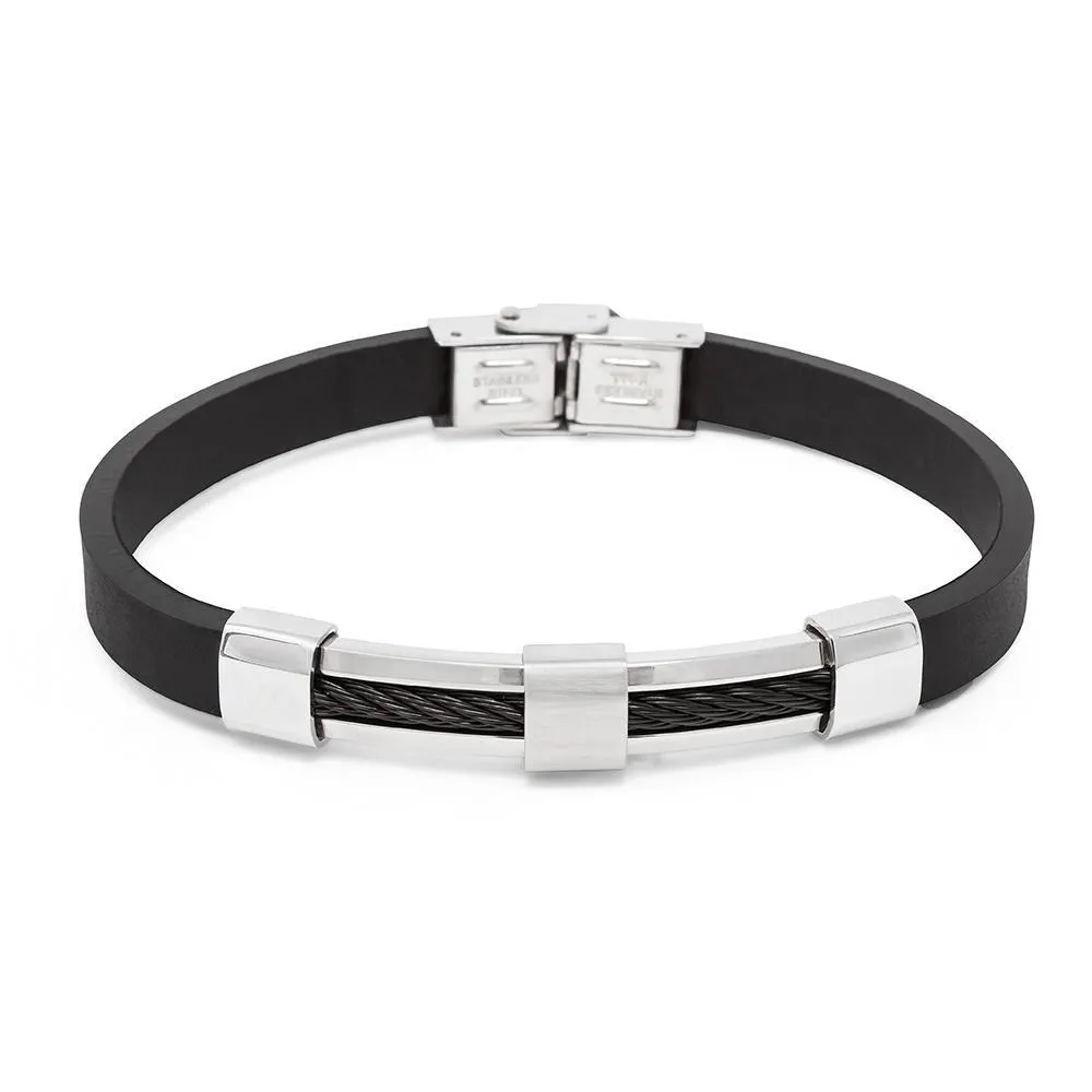 Stainless Steel Rubber Bracelet Hematita Cable Black