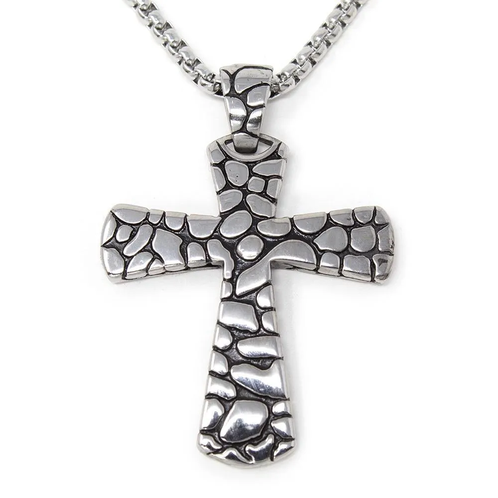 Stainless Steel Textured Cross Pendant Necklace