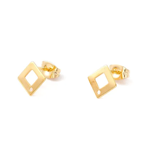 Stud Earring Findings, 201 Stainless Steel, Rhombus, With 304 Stainless Steel Pins And Ear Nuts, 24K Gold Plated, 9.5x9.5mm