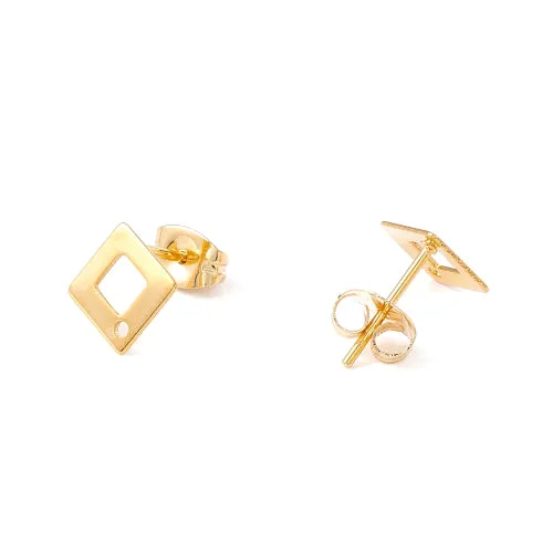 Stud Earring Findings, 201 Stainless Steel, Rhombus, With 304 Stainless Steel Pins And Ear Nuts, 24K Gold Plated, 9.5x9.5mm