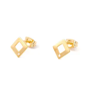 Stud Earring Findings, 201 Stainless Steel, Rhombus, With 304 Stainless Steel Pins And Ear Nuts, 24K Gold Plated, 9.5x9.5mm