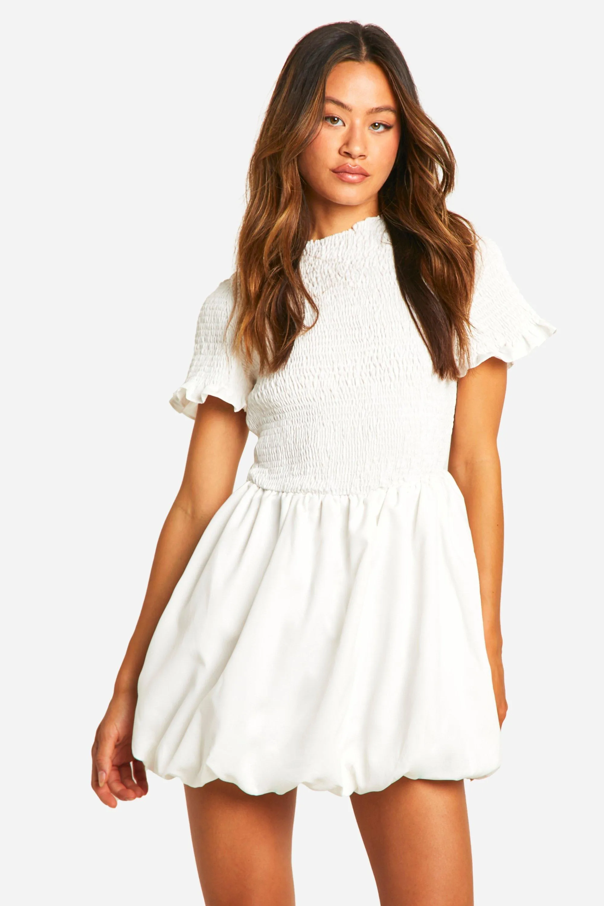 Tall  Shirred Short Sleeve Puffball Mini Dress