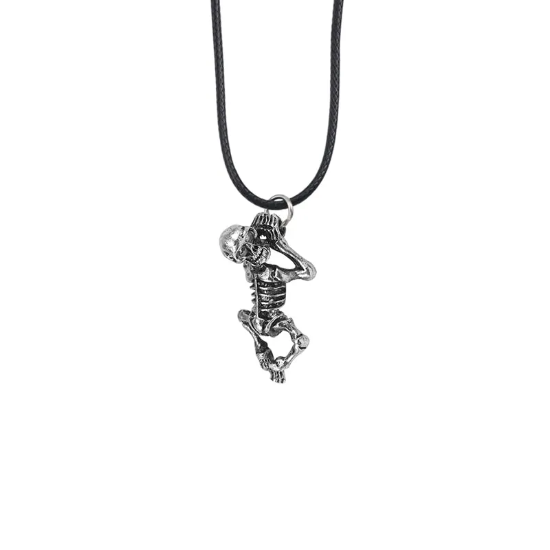 Vintage Skull Boy Pendant Necklace with Leather Rope