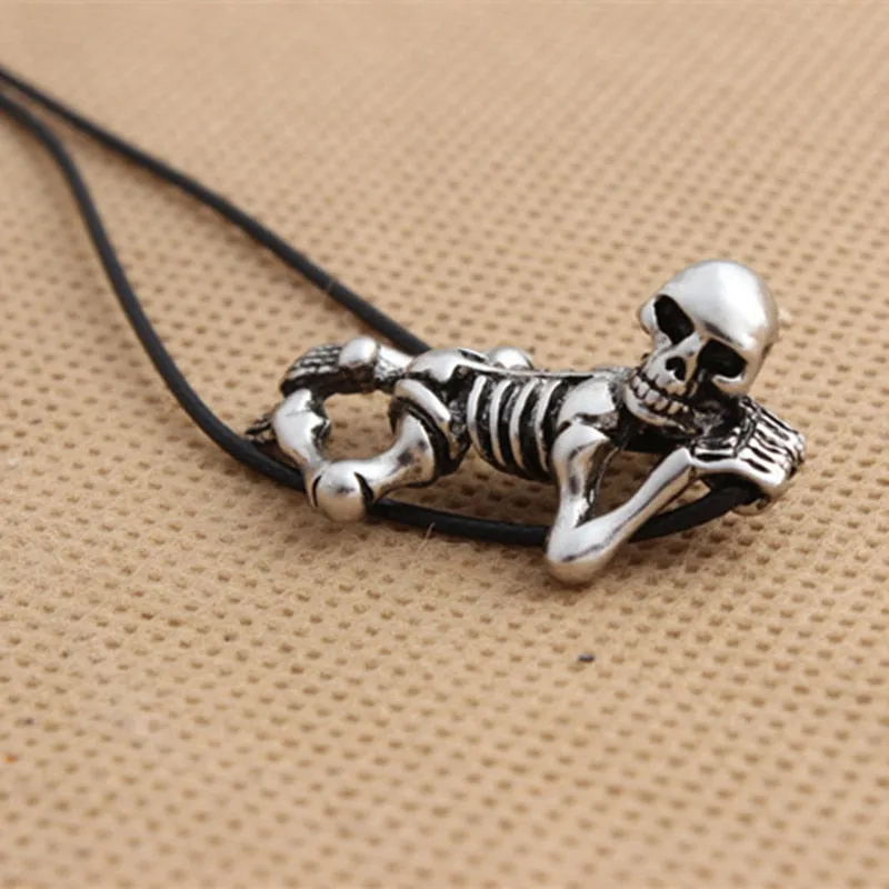 Vintage Skull Boy Pendant Necklace with Leather Rope