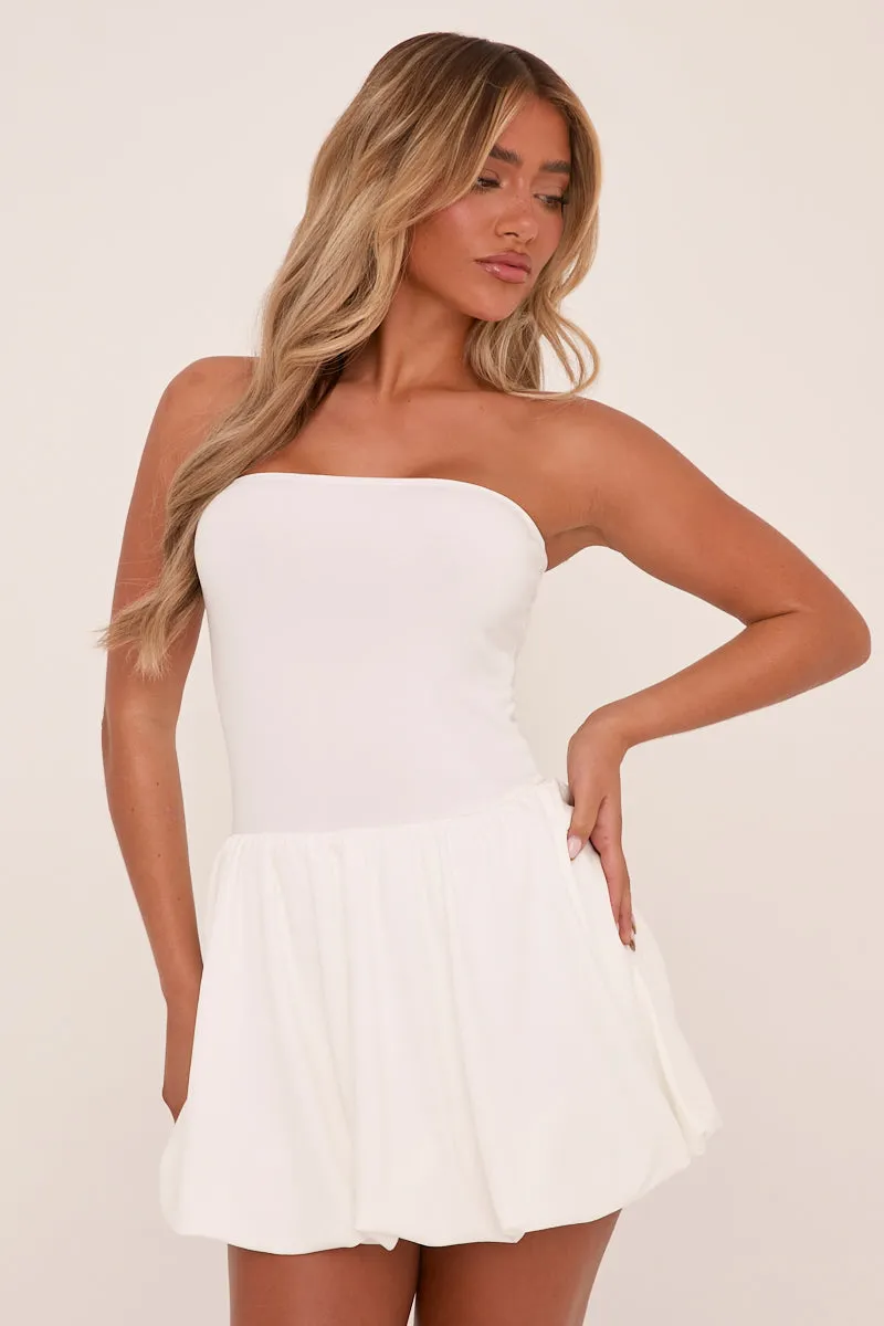 White Bandeau Drop Waist Puffball Detail Mini Dress - Saffiya