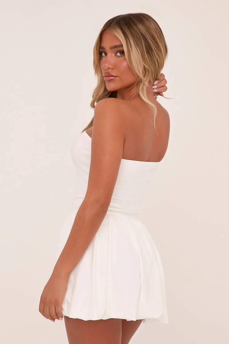 White Bandeau Drop Waist Puffball Detail Mini Dress - Saffiya