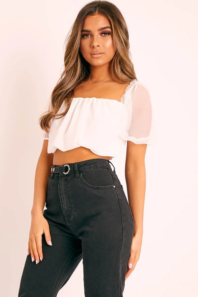 White Mesh Puffball Crop Top - Taja