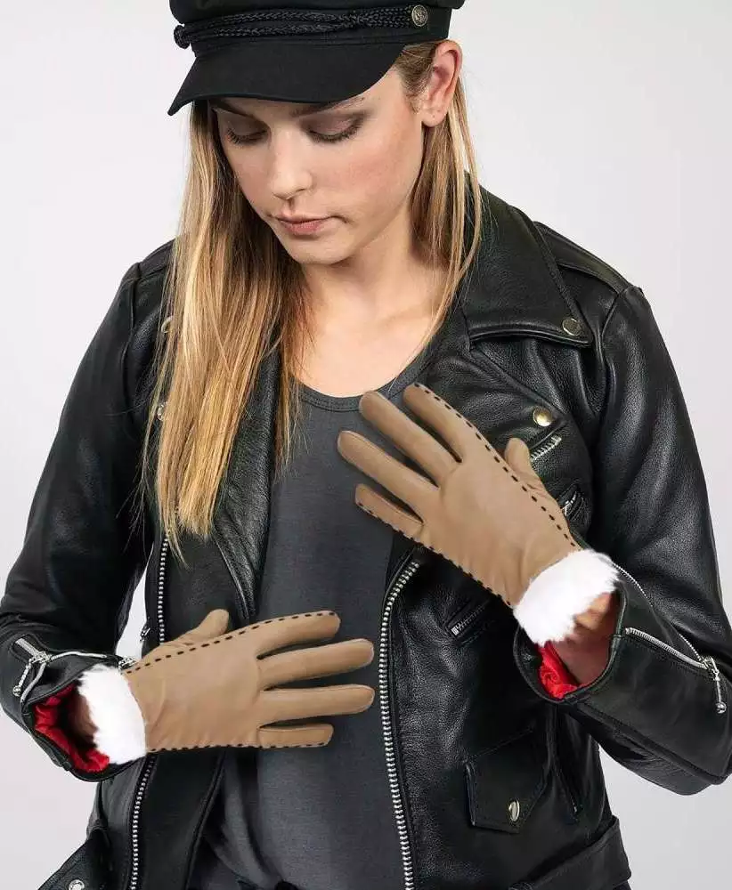 Womens Brown Fur Leather Gloves