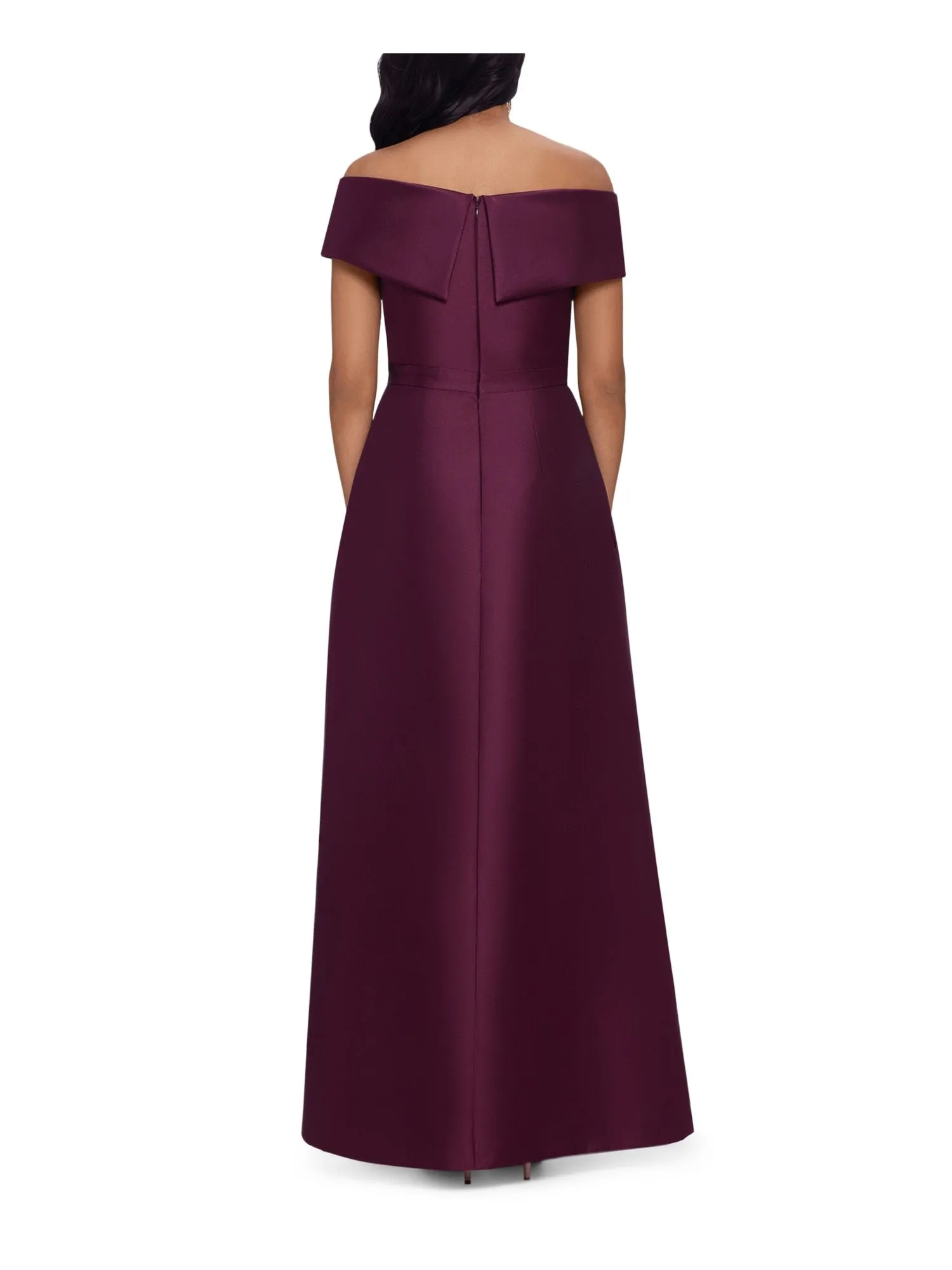 XSCAPE Womens Burgundy Zippered Draped Asymmetrical Skirt Lined Short Sleeve Off Shoulder Full-Length Evening Gown Dress