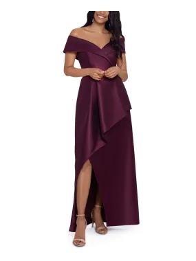 XSCAPE Womens Burgundy Zippered Draped Asymmetrical Skirt Lined Short Sleeve Off Shoulder Full-Length Evening Gown Dress